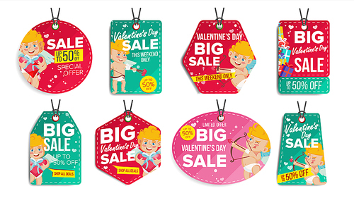 Valentine s Day Sale Tags Vector. Colorful Shopping Discounts Stickers. Cupid. Love Discount Concept. Season February 14 Sale Red, Green Banners. Promotion Illustration