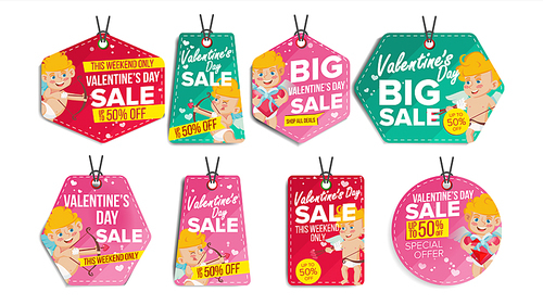 Valentine s Day Sale Tags Vector. Flat February 14 Special Offer Love Stickers. Cupid. 50 Off Text. Hanging Red, Green Banners With Half Price. Modern Illustration