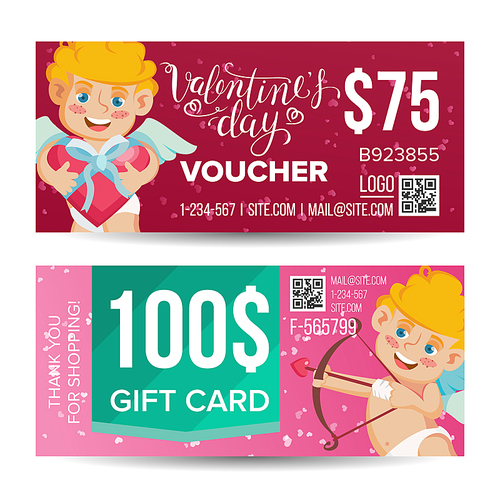 valentine s day voucher  template vector. horizontal leaflet offer. february 14. valentine cupid and gifts. promotion love advertisement. free gift red illustration