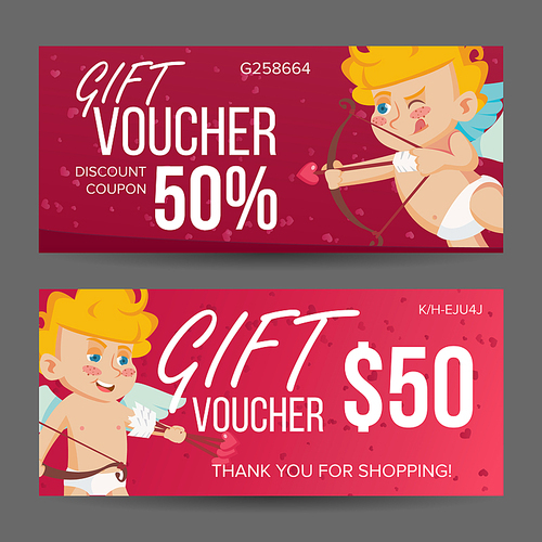 Valentine s Day Voucher Template Vector. Horizontal Free Card. February 14. Valentine Cupid And Gifts. Holidays Love Advertisement. Gift Certificate Red Illustration