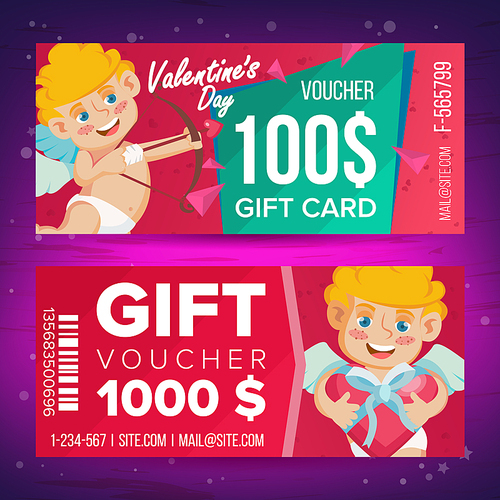 Valentine s Day Voucher Vector. Horizontal Free Banner. February 14. Valentine Cupid And Gifts. Love Advertisement. Cute Gift Red Illustration