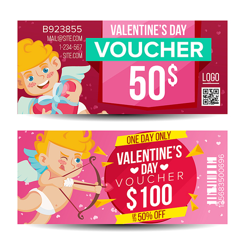 valentine s day gift voucher vector. horizontal . february 14. valentine cupid and gifts. shopping advertisement. business love gift red illustration