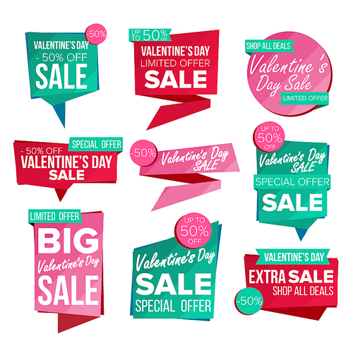 Valentine s Day Sale Banner Set Vector. February 14 Online Shopping. Discount Banners. Valentine Sale Banner Tag. Love Price Tag Labels. Isolated Illustration