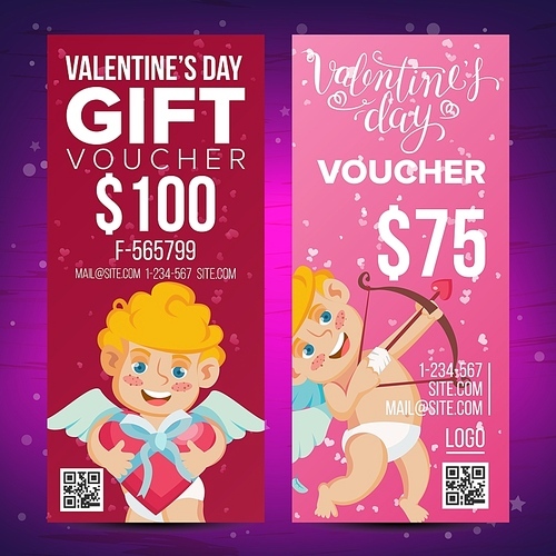 valentine s day voucher  template vector. vertical leaflet offer. february 14. valentine cupid and gifts. promotion love advertisement. free gift red illustration