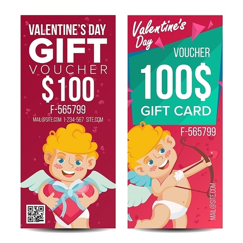 Valentine s Day Voucher Design Vector. Vertical Discount. February 14. Valentine Cupid And Gifts. Love Advertisement. Marketing Red Illustration