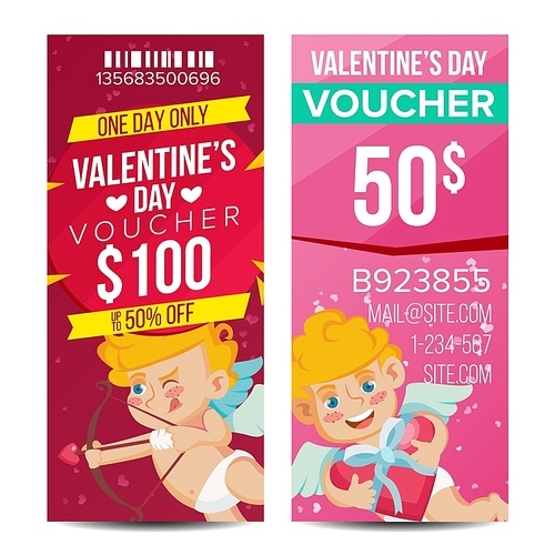 Valentine s Day Voucher Template Vector. Vertical Free Card. February 14. Valentine Cupid And Gifts. Holidays Love Advertisement. Gift Certificate Red Illustration