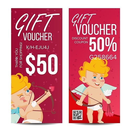 Valentine s Day Voucher Vector. Vertical Free Banner. February 14. Valentine Cupid And Gifts. Love Advertisement. Cute Gift Red Illustration