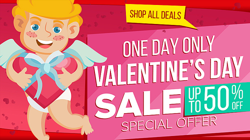 valentine s day sale banner vector. cute cupid. wallpaper, flyer, invitation, poster, . sale header. limited offer. cartoon business brochure illustration