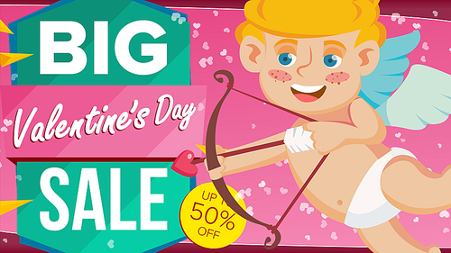 valentine s day sale banner vector. happy cupid, amour. template design for february 14 banner, , poster, discount offer advertising. best offer. marketing advertising design illustration.