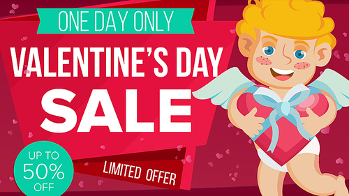 valentine s day sale banner vector. happy cupid, template design for february 14 poster, , card, shop discount advertising. amour. advertising design illustration.