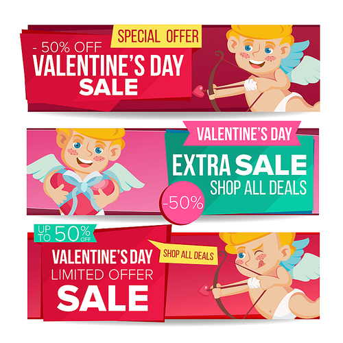 Valentine s Day Sale Banner Vector. February 14 Cupid. Discount Tag, Special Love Offer Horizontal Banners. Valentine Discount And Promotion. Half Price Romantic Stickers. Isolated Illustration