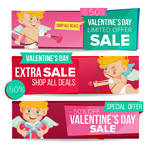 Valentine s Day Sale Banner Set Vector. February 14 Cupid. Valentine Online Shopping. Horizontal Discount Banners. Love Promo Sale Banner Tag. Romantic Price Offer Labels. Isolated Illustration