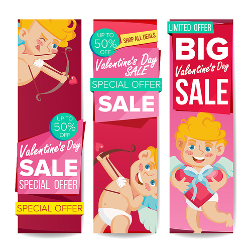 Valentine s Day Sale Banner Vector. February 14 Cupid. December Sale Banner. Website Stickers, Valentine Web Design. Up To 50 Percent Off Promotion Love Vertical Banners. Isolated Illustration