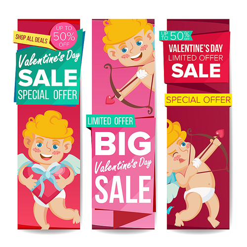 Valentine s Day Sale Banner Set Vector. February 14 Cupid. Online Shopping. Valentine Website Vertical Banners, Romantic Promo Design. Love Advertising Special Element Discount. Isolated Illustration