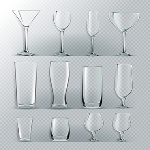 Transparent Glass Set Vector. Transparent Empty Glasses Goblets For Water, Alcohol, Juice, Cocktail Drink. Realistic Illustration
