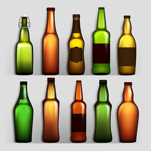 Beer Bottles Set Vector. Different Empty Glass For Craft Beer Green, Yellow, Brown. Mockup Blank Template For Product Packing Design Advertisement. Realistic Illustration