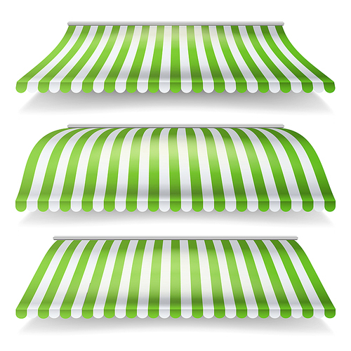 Awnings Vector Set. Different Forms. Italian Awning Striped For Market Store. Isolated Illustration