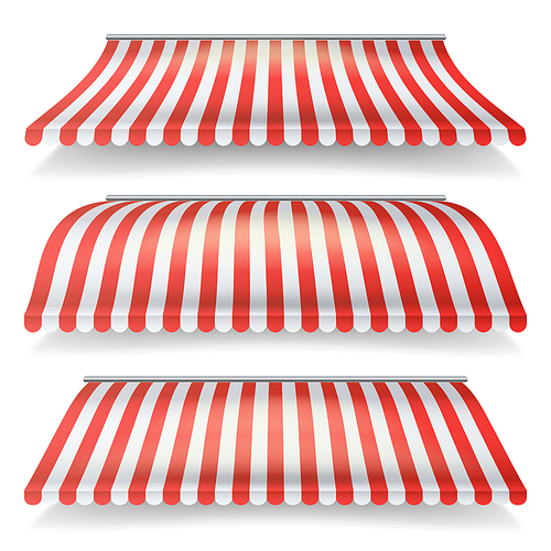 Classic Red And White Awning Vector Set. Realistic Store Awning Isolated On White Background