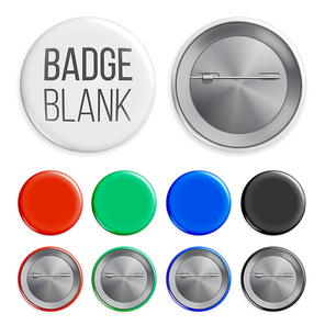 Blank Badges Set Vector. Realistic Illustration. Clean Empty Pin Button Mock Up. White, Blue, Red, Black, Green