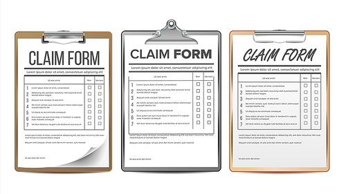 Claim Form Set Vector. Business Agreement. Legal Document. Insurance Illustration
