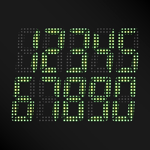 Digital Glowing Numbers Vector. Set Of Digital Green Numbers On Black Background. Classic Symbol Of time. Retro Clock, Count, Display