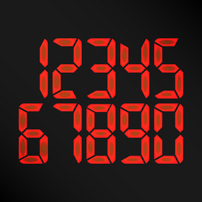 Digital Glowing Numbers Vector. Red Numbers On Black Background. etro Clock, Count, LCD Display