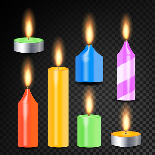 Burning 3D Realistic Dinner Candles Vector. Decorative Aromatic Tealight Candles Set. Isolated Tea Candle Sticks With Burning Flames On Transparent Background. Holiday Decoration Element