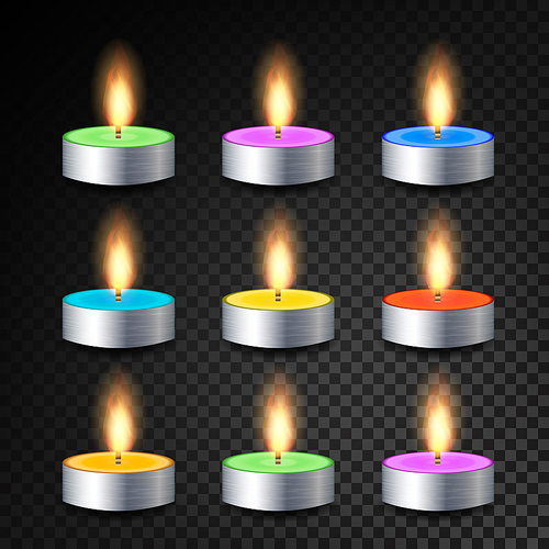 Burning 3D Realistic Dinner Candles Vector. Decorative Aromatic Tealight Candles Set. Isolated Tea Candle Sticks With Burning Flames On Transparent Background. Holiday Decoration Element