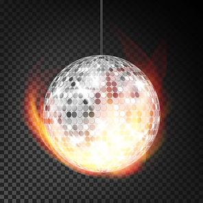 silver disco ball in fire vector realistic. burning dance night club ball. transparent