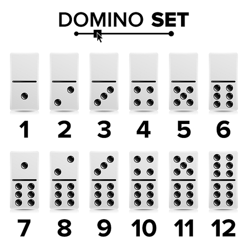 Domino Set Vector Realistic Illustration. White Color. Dominoes Bones Isolated On White.
