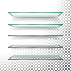 Empty Glass Shelves Template Vector Set. Realistic Transparent Blue Glass Shelves On Checkered Background