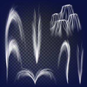Fountains With Water Jets Vector. Set Of Different Fountains Various. Isolated On Transparent Background.