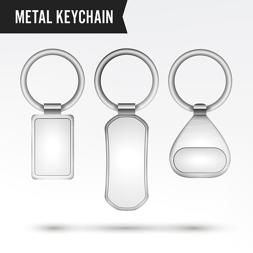 Realistic Template Metal Keychain Vector Set. 3d Key Chain With Ring For Key Isolated On White