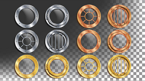 Portholes Set Vector. Round Metal Window With Rivets. Bathyscaphe Ship Frame Design Element, Rocket, Battleship. Aircraft, Submarines. Transparent Background Realistic Illustration
