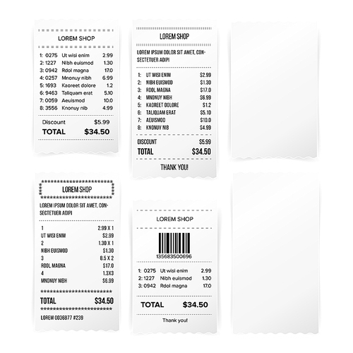 Sales Printed Receipt White Empty Paper Blank Vector. Shopping Paper Bill Atm vector Mock Up. Paper Check Financial Check Isolated