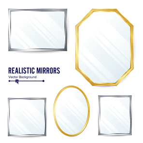 Realistic Mirrors Set Vector. Decoration Mirror With Reflection. Interior Decoration. Metalic