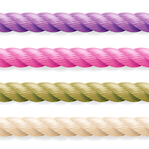 Realistic Rope Vector. Different Color Thickness 3d Rope Line Set Multicolored Twisted Nautical Cord. Isolated On White Background.