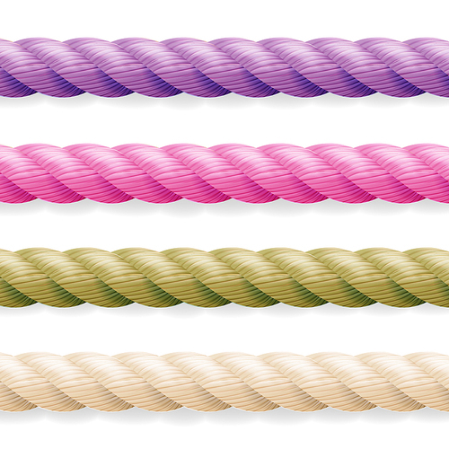 Realistic Rope Vector. Different Color Thickness 3d Rope Line Set Multicolored Twisted Nautical Cord. Isolated On White Background.