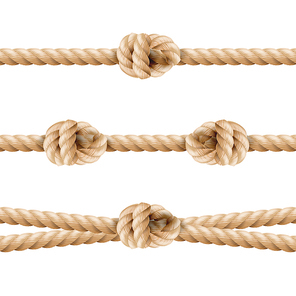 Realistic Rope Line Eith Knot. Yellow Twisted Ropes Set, Isolated On White Background. Vector