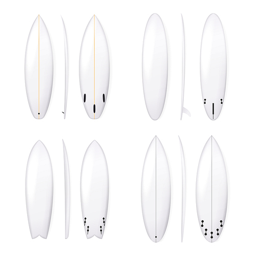 Realistic Surfboard Vector Set. White Surfing Board Template Isolated On White