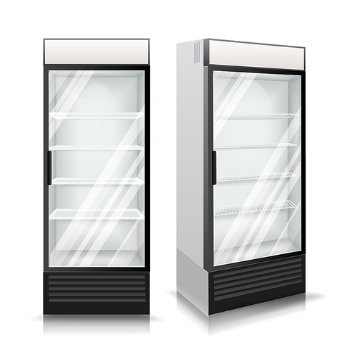 3D Realistic Refrigerator Vector. Glass Door Fridge Isolated Illustration
