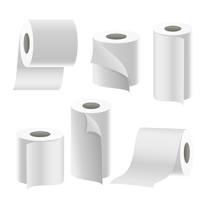 Realistic Paper Roll Set Vector. Template Blank White Toilet Paper roll Mock Up. Thermal Fax Roll Template Isolated Illustration