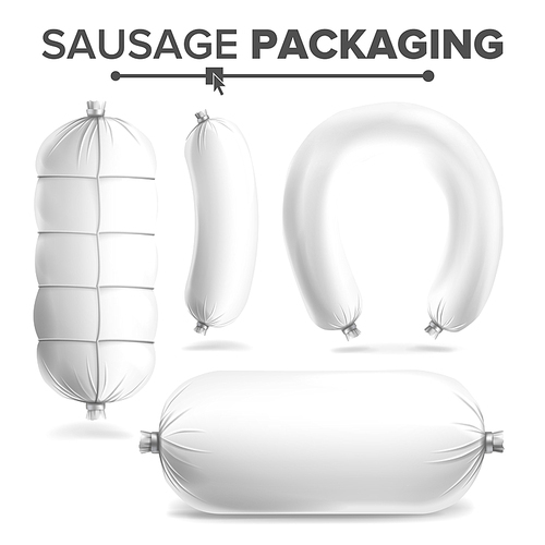 White Sausage Package Vector. White Mock Up For Branding Design. Isolated Illustration