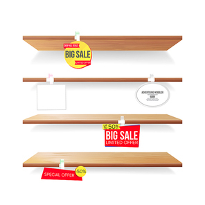 Supermarket Shelves, Advertising Wobblers Vector. Retail Sticker Concept. Best Offer. Discount Sticker. Sale Banners. Isolated Illustration