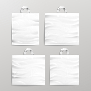 Empty Reusable Plastic Shopping Realistic Bags Set With Handles. Close Up Mock Up. Vector