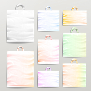 Empty Reusable Plastic Shopping Realistic Bags Set With Handles. Close Up Mock Up. Vector