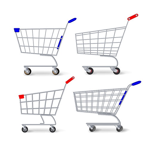 Supermarket Shopping Cart Vector. Set Empty Classic Chrome Cart Trolley Or Basket