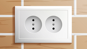 Double Grounded Socket Vector. Switch. Brick Wall. Realistic Illustration