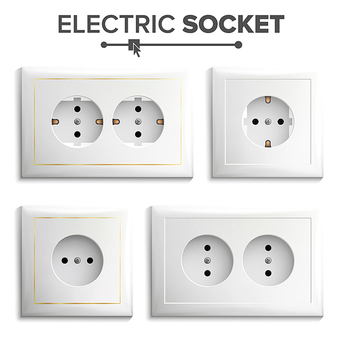 Electric Socket Vector. Plastic Standard Panel. Brick Wall. Realistic Illustration