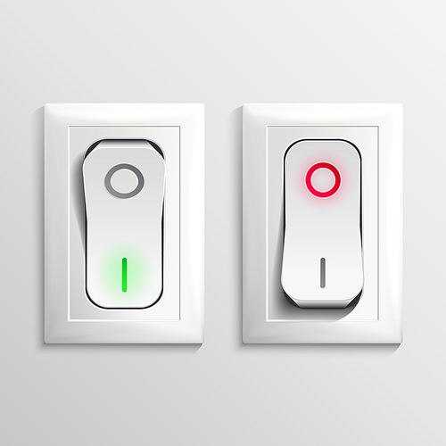 3D Toggle Switch Vector. White Switches With On, Off Position. Electric Light Control Illustration.